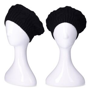 Cable Knit Wool Beret in Black Nuit NWT